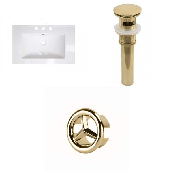 American Imaginations 23.75-in White Ceramic Centerset Vanity Top Set Gold Sink Drain Overflow Cap