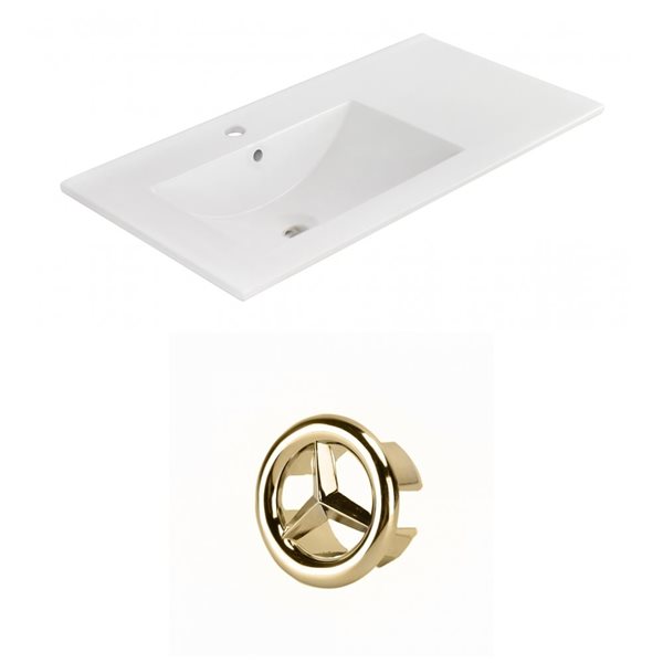 American Imaginations 35.5-in White Ceramic Single Hole Vanity Top Set Gold Overflow Cap