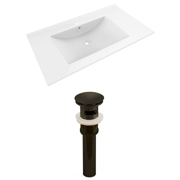 American Imaginations Drake 35.5-in White Ceramic Single Hole Vanity Top Set Oil Rubbed Bronze Sink Drain