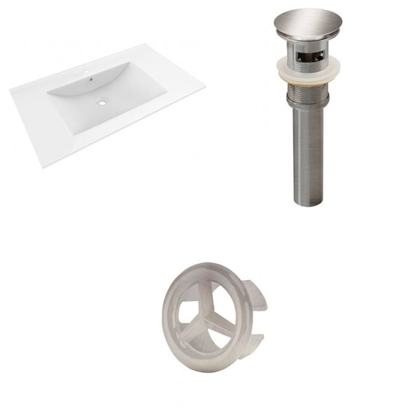 American Imaginations Drake 35.5-in White Ceramic Single Hole Vanity Top Set Brushed Nickel Sink Drain and Overflow Cap