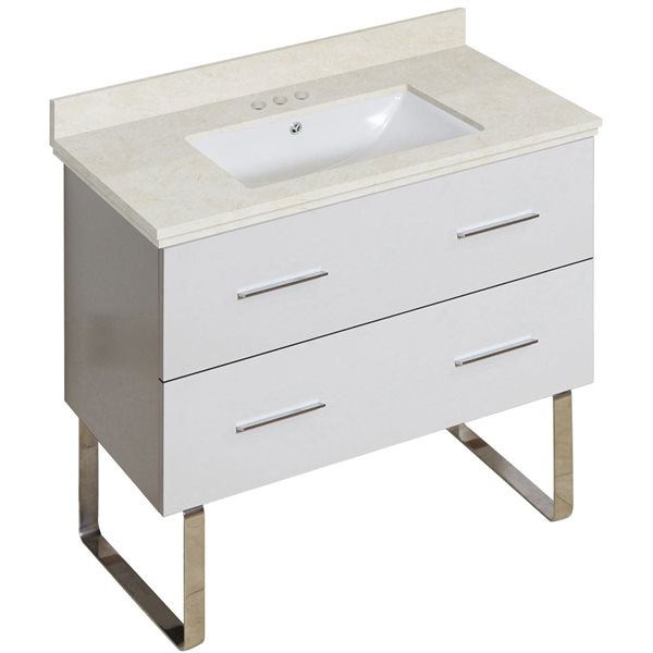 American Imaginations Xena White 36in Single Sink Bathroom Vanity with Beige Marble Top AI