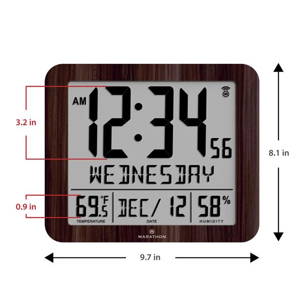 Marathon Slim-Jumbo Wood Digital Wall Clock with Temperature & Humidity