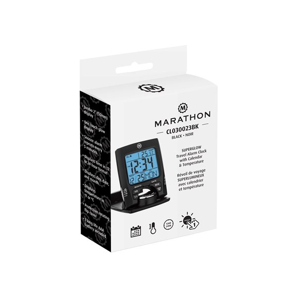 Marathon Black Square Travel Alarm Clock