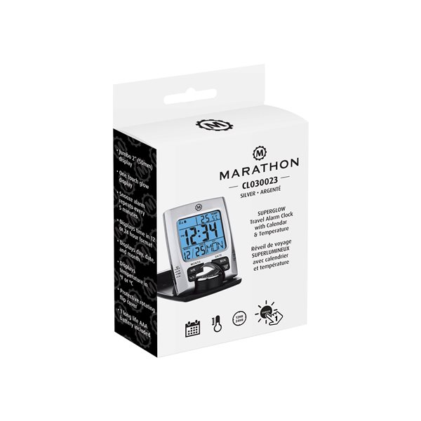 Marathon Silver Square Travel Alarm Clock