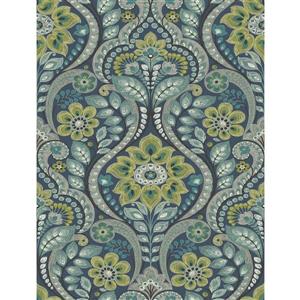 A-Street Prints Navy Night Bloom Damask Prepasted Non-Woven Unpasted Wallpaper