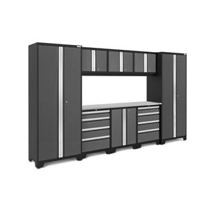 NewAge Products 77.25-in x 132-in 9 Piece Grey Bold 3.0 Series Garage Cabinets With Stainless Steel Work Surface