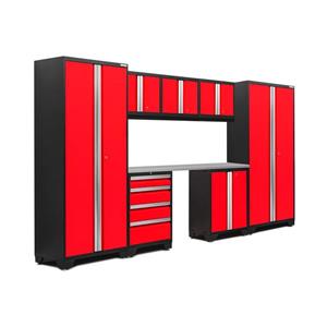 NewAge Products 77.25-in x 132-in 8 Piece Red Bold 3.0 Series Garage Cabinets With Stainless Steel Work Surface