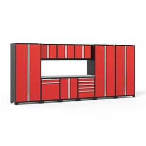 NewAge Products 85.25-in x 192-in 10 Piece Red Pro 3.0 Series Garage Cabinets With Stainless Steel Work Surface