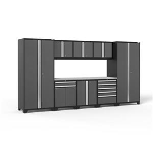 NewAge Products 85.25-in x 156-in 9 Piece Grey Pro 3.0 Series Garage Cabinets With Stainless Steel Work Surface