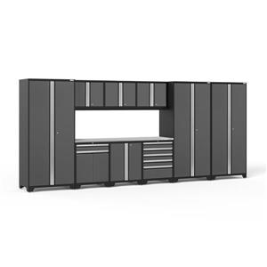 NewAge Products 85.25-in x 192-in 10 Piece Grey Pro 3.0 Series Garage Cabinets With Stainless Steel Work Surface