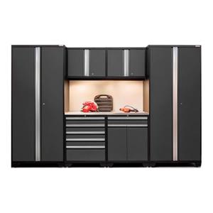NewAge Products 85.25-in x 128-in 7 Piece Grey Pro 3.0 Series Garage Cabinets With Stainless Steel Work Surface