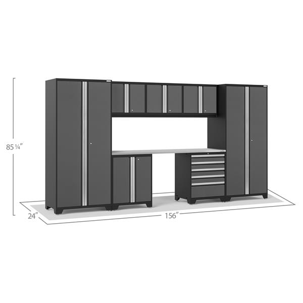 NewAge Products 85.25-in x 156-in 8 Piece Grey Pro 3.0 Series Garage Cabinets With Stainless Steel Work Surface