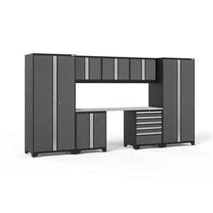 NewAge Products 85.25-in x 156-in 8 Piece Grey Pro 3.0 Series Garage Cabinets With Stainless Steel Work Surface