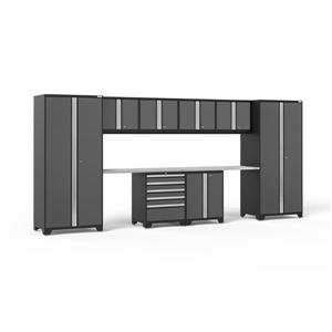 NewAge Products 85.25-in x 184-in 10 Piece Grey Pro 3.0 Series Garage Cabinets With Stainless Steel Work Surface