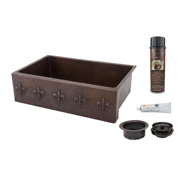 Premier Copper Products 33-in Copper Apron Fleur De Lis Sink with Drain