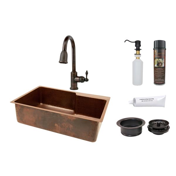 Premier Copper Products 33-in Hammered Copper Single basin Kitchen Sink with Sink Mount Pull Down Faucet