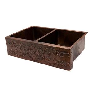 Premier Copper Products 33-in Apron Double Basin Scroll Sink
