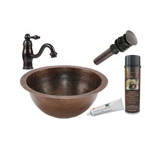 Premier Copper Products Round Under Counter Sink WIth Single Handle Faucet and Drain Hammered Copper Oil Rubbed Bronze 14-in