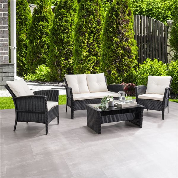 Corliving 4 Pc Black Warm White Rattan Wicker Patio Set Pcs 514 S Rona