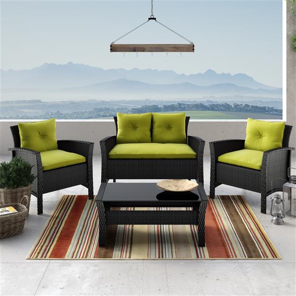 Corliving 4 Pc Black Lime Green Rattan Wicker Patio Set Pcs 513