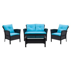 CorLiving 4pc Rattan Wicker Patio Set with Blue Cushions