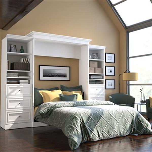 Grand lit escamotable Versatile, deux unités de rangement avec tiroirs, blanc
