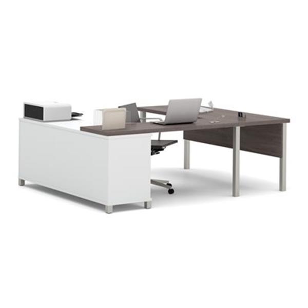 Bestar Pro-Linea 29.90-in x 71.10-in Bark Grey and White Metal Leg Table Table Credenza U-Desk Set