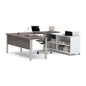 Bestar Pro-Linea 29.90-in x 71.10-in Bark Grey and White Metal Leg Table Table Credenza U-Desk Set