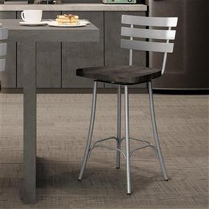 Tabouret de comptoir pivotant Stadium 25,5 po, bois usé gris foncé, métal gris lustré