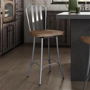Tabouret de comptoir pivotant Bond 25,5 po, bois usé brun, métal gris lustré
