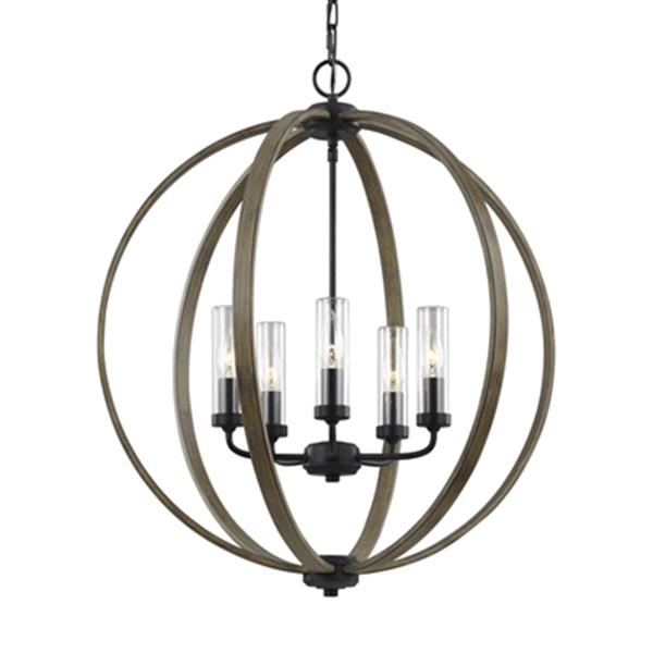 Generation Lighting Allier Collection 24-in x 27.88-in Weathered Oak Wood Clear Glass 5-Light Pendant Light