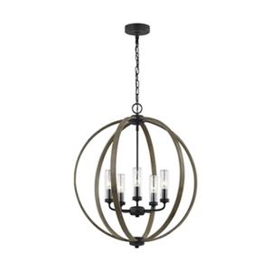 Feiss Allier Collection 24-in x 27.88-in Weathered Oak Wood Clear Glass 5-Light Pendant Light