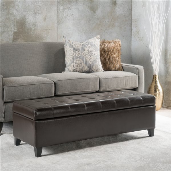 Best Selling Home Decor Mission Modern Brown Faux Leather Rectangle Ottoman with Integrated Storage