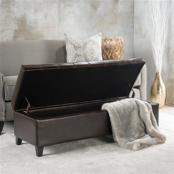 Best Selling Home Decor Mission Modern Brown Faux Leather Rectangle Ottoman with Integrated Storage