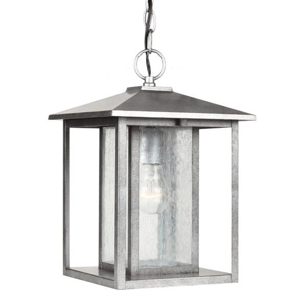 Generation Lighting Hunnington Weathered Pewter Mini Transitional Seeded Glass Lantern Pendant