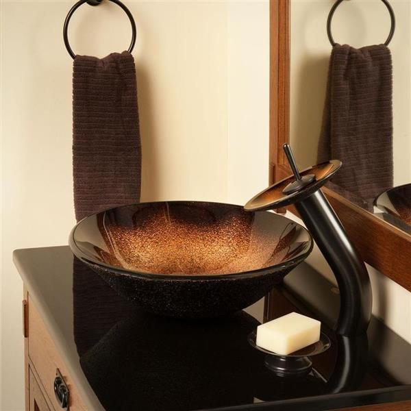 Novatto Sanguinello Brown/Orange Tempered Glass Vessel Round Bathroom Sink