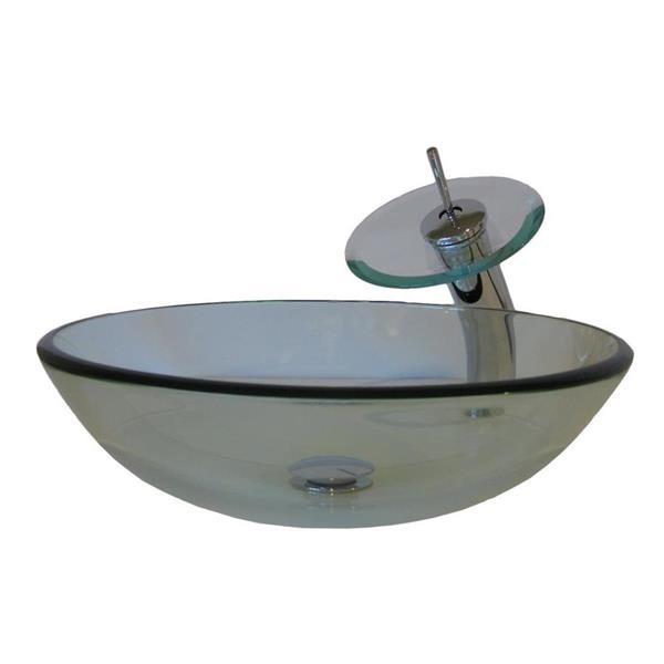 Novatto Bonificare Clear Tempered Glass Vessel Round Bathroom Sink with Faucet (Drain Included)