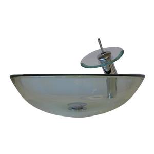 Novatto Bonificare Clear Tempered Glass Vessel Round Bathroom Sink with Faucet (Drain Included)