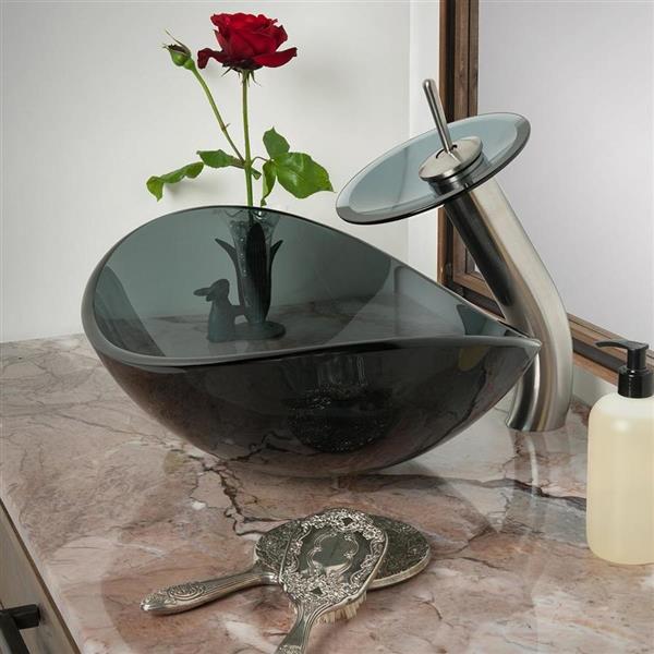 Novatto Bigio Clear Gray Tempered Glass Vessel Oval Bathroom Sink