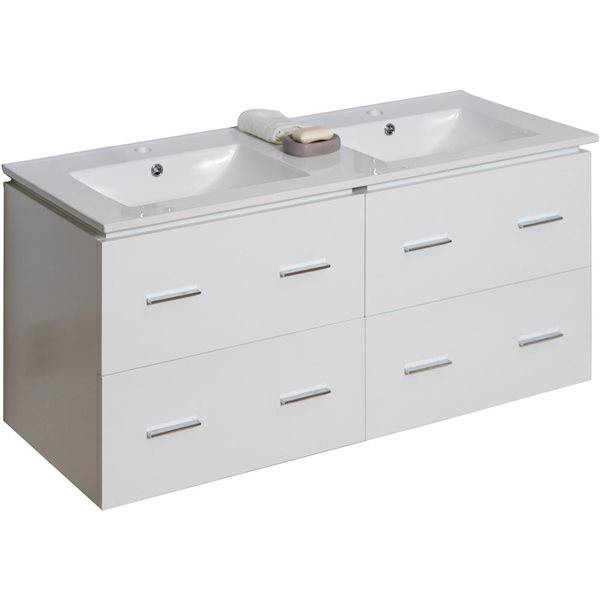 American Imaginations 48in Xena White Double Sink Bathroom Vanity with White Ceramic Top AI741