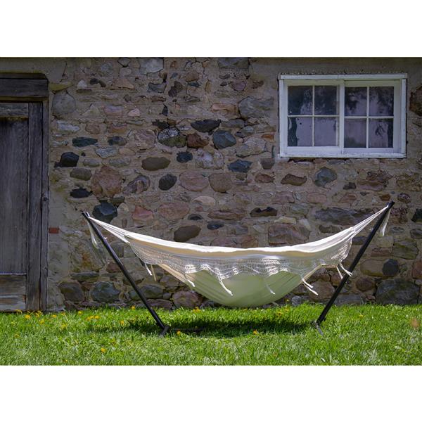 Vivere Double Deluxe Fringe Natural Hammock with Stand 9-ft