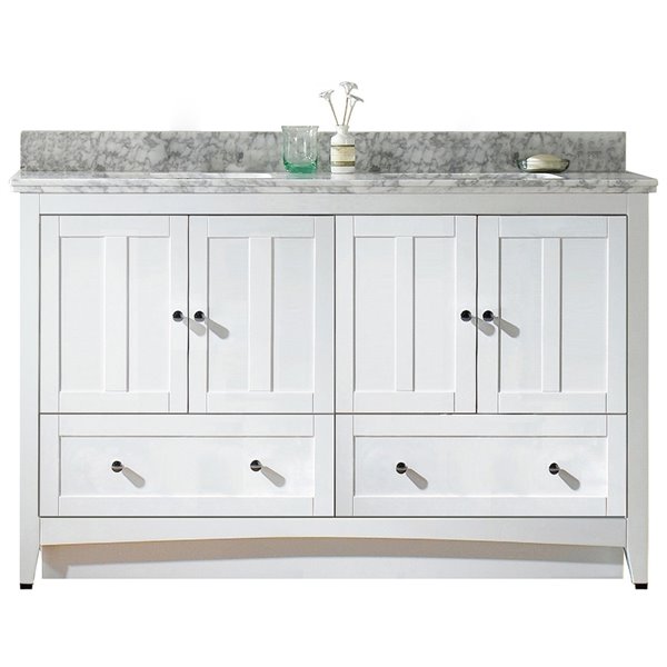 American Imaginations 59-in Shaker White Double Sink Bathroom Vanity with White Quartz Top