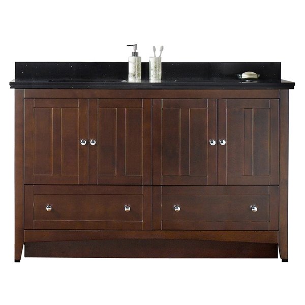 American Imaginations Shaker 59-in Walnut/Double Sink Bathroom Vanity and Black Galaxy Quartz Top
