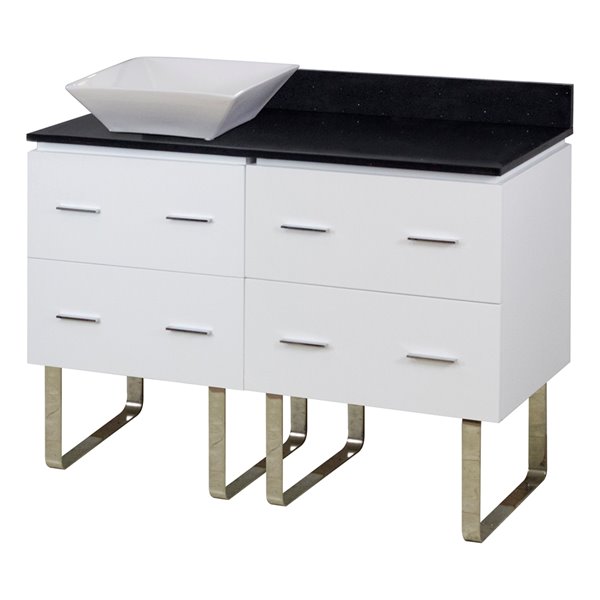 American Imaginations 48-in Xena Quartz Single Sink Bathroom White Vanity with Black Galaxy Quartz Top