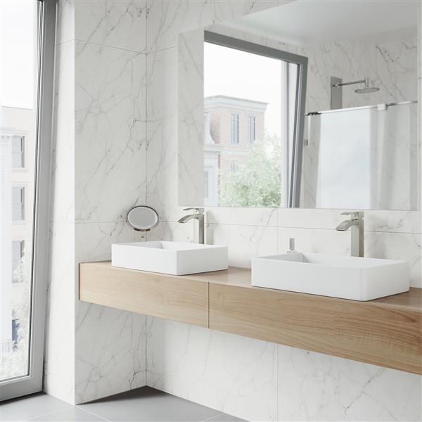 VIGO Magnolia&nbsp;14-in W x&nbsp;21-in L White Matte Stone Rectangle Vessel Bathroom Sink w/ Duris Faucet/Drain - Brushed Nickel