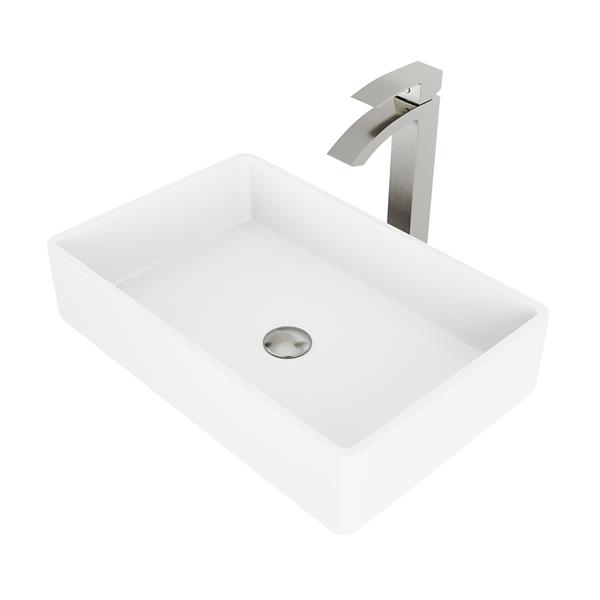 VIGO Magnolia&nbsp;14-in W x&nbsp;21-in L White Matte Stone Rectangle Vessel Bathroom Sink w/ Duris Faucet/Drain - Brushed Nickel