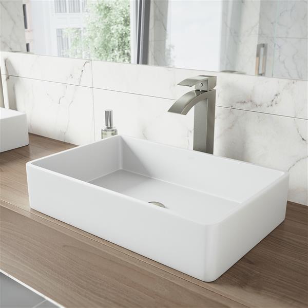 VIGO Magnolia&nbsp;14-in W x&nbsp;21-in L White Matte Stone Rectangle Vessel Bathroom Sink w/ Duris Faucet/Drain - Brushed Nickel