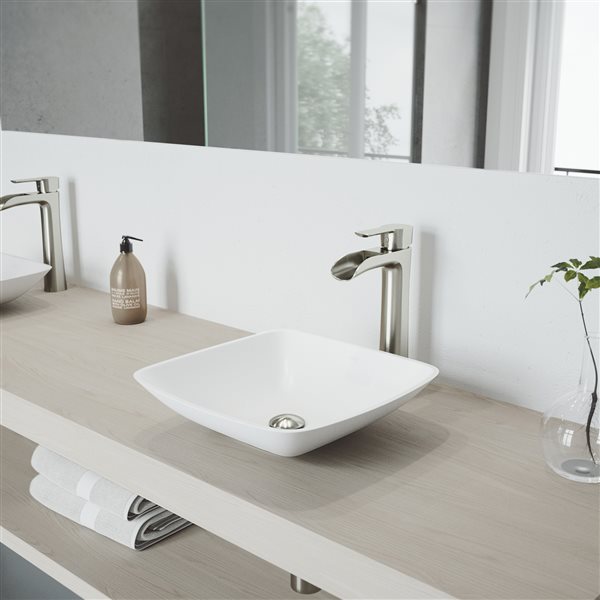 VIGO Hyacinth&nbsp;14-in White Matte Stone Square Vessel Bathroom Sink with Niko Faucet/Drain - Brushed Nickel