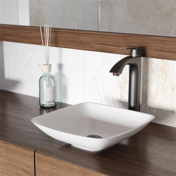 VIGO Hyacinth&nbsp;14-in White Matte Stone Square Vessel Bathroom Sink w/Linus Faucet/Drain - Antique Rubbed Bronze