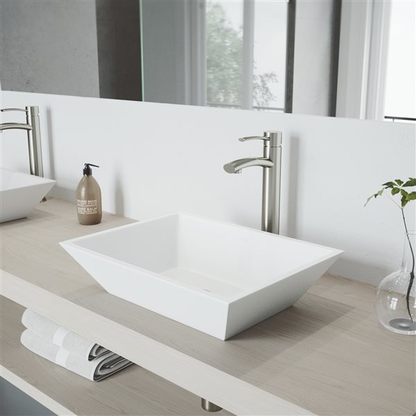 VIGO Vinca&nbsp;14-in W x&nbsp;18-in L White Matte Stone Rectangle Bathroom Vessel with Milo Faucet/Drain - Brushed Nickel